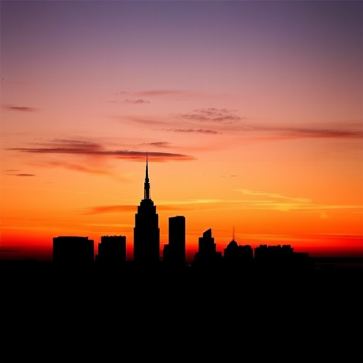 Create a detailed black silhouette of a city skyline at sunset, using a DSLR camera with a 50mm lens, aperture f/2.8, ISO 100, shot from a high vantage point, with a warm color gradient in the sky for enhanced contrast.