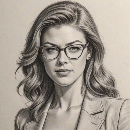 Radiant Adrianne Palicki, pencil sketch, portrait of Elegant woman 1979s in glasses, hair style beatnik, outline, clear lines, fine lines, 8k
