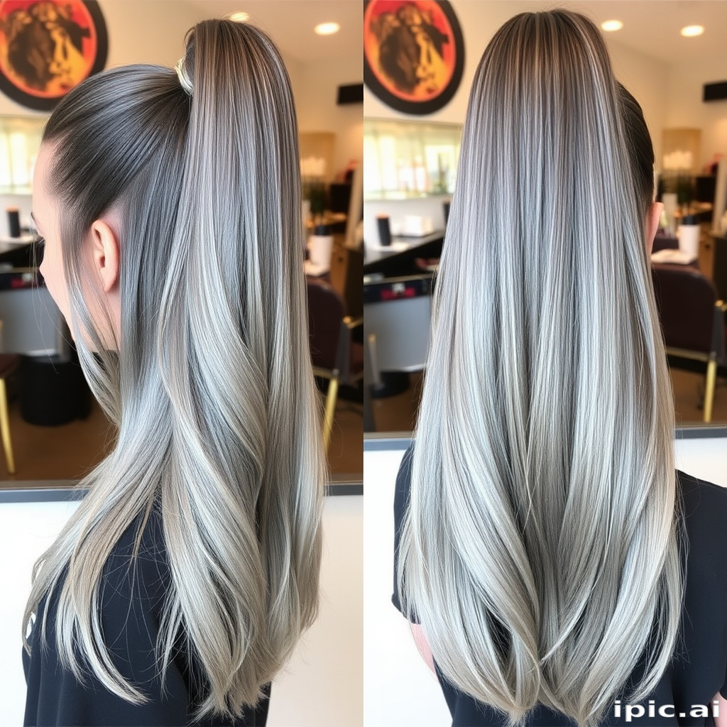 Metallic silver to gunmetal ombré dubbed "Steel Symphony" styled in a sleek, high ponytail with wrapped base and glass-like shine