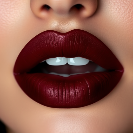 Deep burgundy velvet lips with a rich, velvety texture, featuring sharp, defined edges and a dramatic, sultry appearance for evening glamour