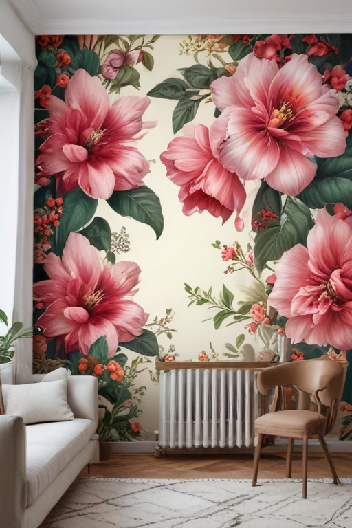 Vibrant Floral Mural Transforming a Cozy Living Room Space Elegantly