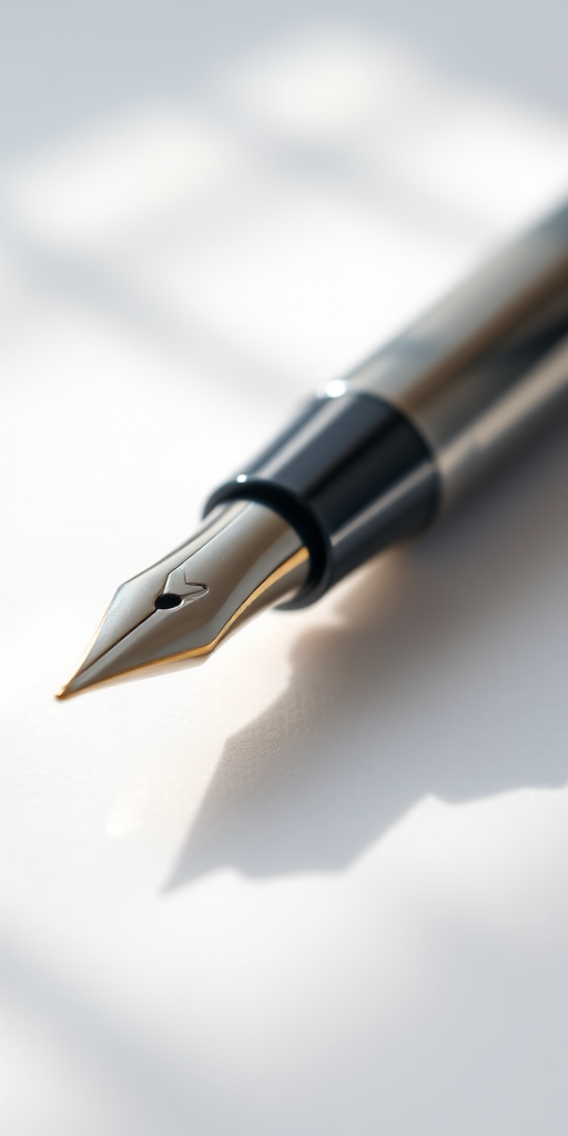 a close-up of a sleek silver fountain pen with a gold nib resting on a smooth white surface, soft diffused lighting to create gentle shadows, 50mm lens, aperture f/2.8, ISO 100, shot with a DSLR camera