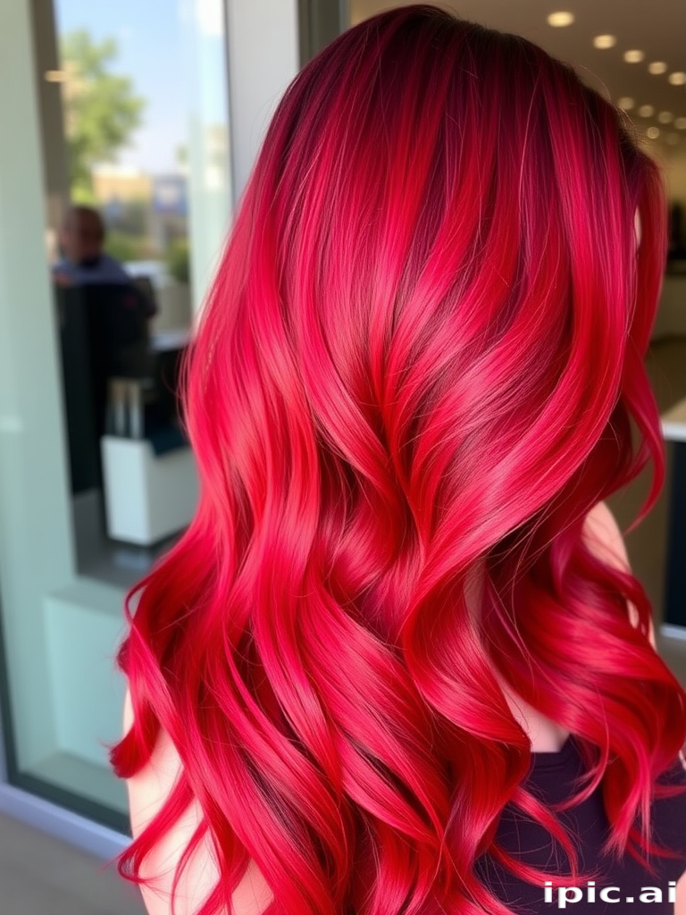 Vibrant cherry red ombre hair cascading in loose waves, Scarlet Sunset style, featuring deep burgundy roots transitioning to bright crimson tips, shimmering with glossy highlights and bouncy volume