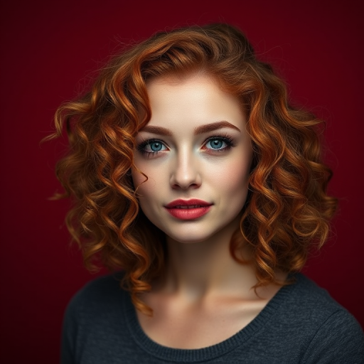 Portrait of a woman with curly red hair against a deep red background, soft lighting, DSLR camera, 50mm lens, f/1.8 aperture, ISO 100, shallow depth of field, studio lighting setup.