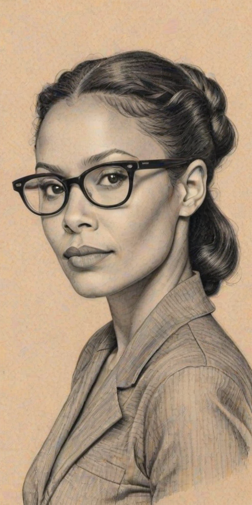 Bewitching Thandiwe Newton, pencil sketch, portrait of Pleasing woman 1939s in glasses, hair style beatnik, outline, clear lines, fine lines, 8k