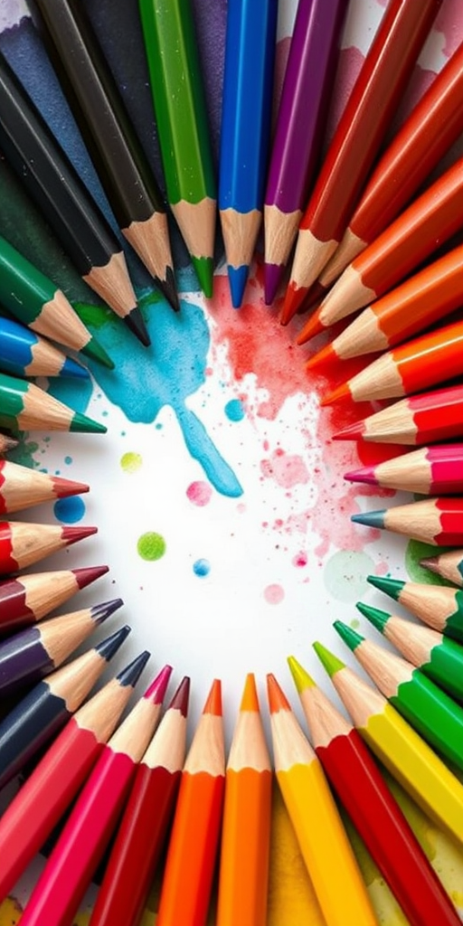 Create a vibrant circular arrangement of colored pencils, with splashes of watercolor in the background, enhanced with a shallow depth of field, ISO 100, f/4 aperture, 50mm lens, natural lighting, and a slight tilt-shift effect for artistic flair.
