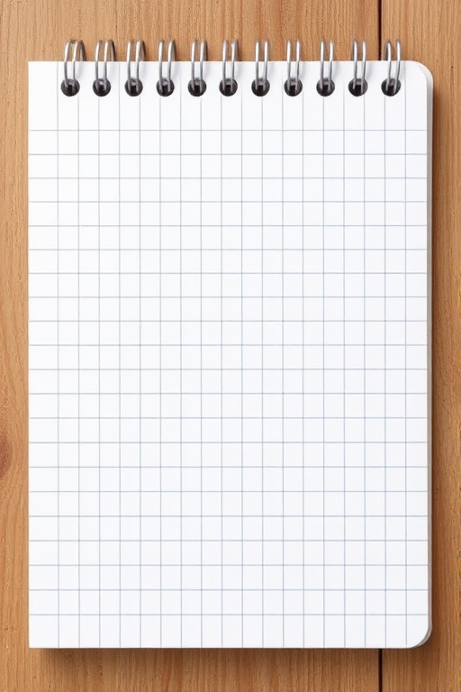 Create a high-resolution image of a blank grid notebook page with a spiral binding at the top, taken from a top-down view using a DSLR camera with a 50mm lens, aperture set to f/2.8, ISO 100, and a shutter speed of 1/200 seconds to enhance clarity and detail.