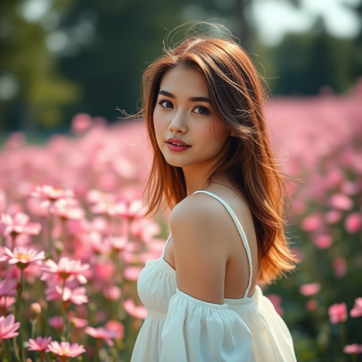 portrait of a young woman in a white dress standing in a field of pink flowers with soft natural light, aperture f/1.8, ISO 100, shutter speed 1/200s, shot from eye level using a DSLR camera with a 50mm lens