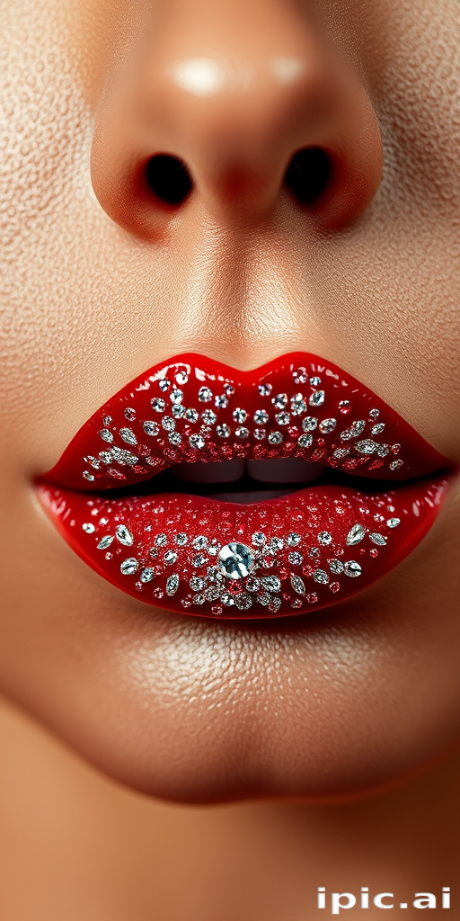 Glamorous woman lips embellished with crystal-encrusted gloss, full face portrait sparkling with red carpet-worthy sophistication