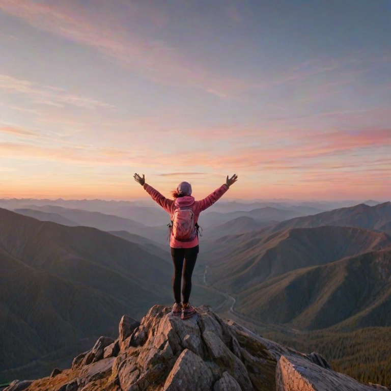 Quiet mountaintop at sunrise, the sky painted with soft hues of pink and orange, a woman in hiking gear stands at the peak, her arms outstretched as she takes in the breathtaking view of the valleys below.