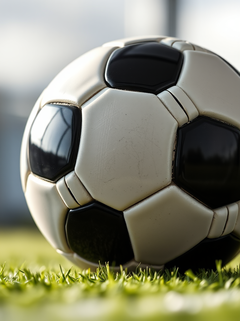 A high-resolution image of a classic black and white soccer ball, shot with a Canon EOS R5 at f/2.8, ISO 100, 1/200 sec, in a close-up view with soft natural lighting to enhance the details and reflections.