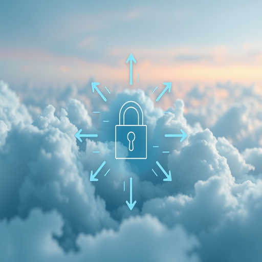 Create a modern graphic design with a cloud background featuring an abstract representation of network security symbols, including arrows and a firewall, using a Canon EOS R5 camera, ISO 100, f/8 aperture, 1/125 sec shutter speed, and a soft focus style to enhance image quality.