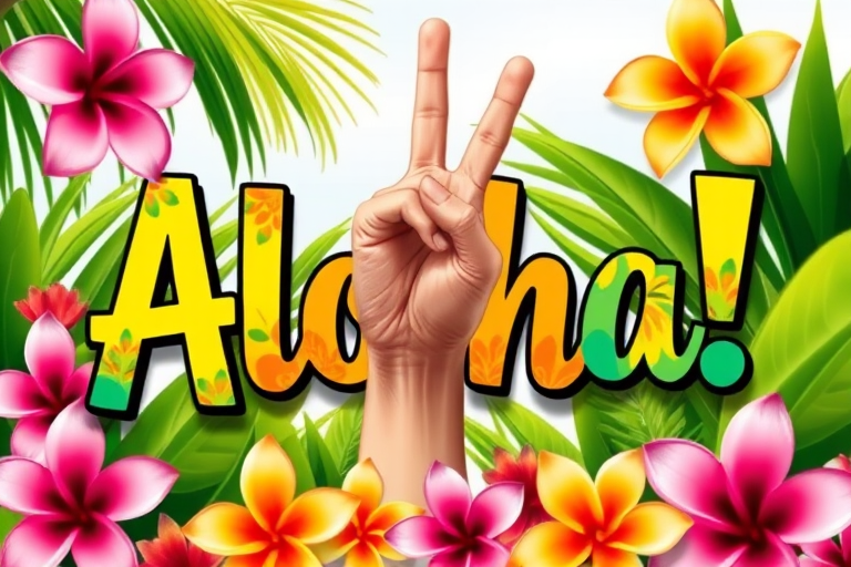 Create a vibrant, colorful illustration of the word "Aloha!" with a hand making the shaka sign, surrounded by tropical flowers and leaves, captured using a DSLR camera with a 50mm lens, f/2.8 aperture, ISO 100, in bright daylight for sharp focus and vivid colors.