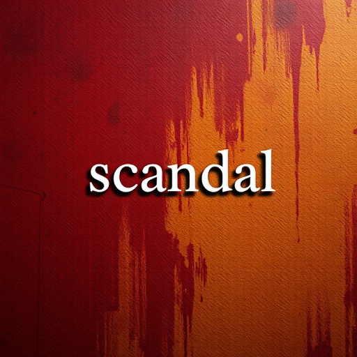 Create an abstract digital image with the word "scandal" in modern typography centered, using a textured background of dark reds, yellows, and browns; camera settings: aperture f/5.6, ISO 200, shutter speed 1/125s; camera view: top-down, camera style: minimalist, camera type: digital DSLR.