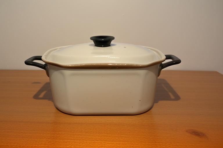 A Classic White Enamel Cooking Pot with a Black Handle and Lid.