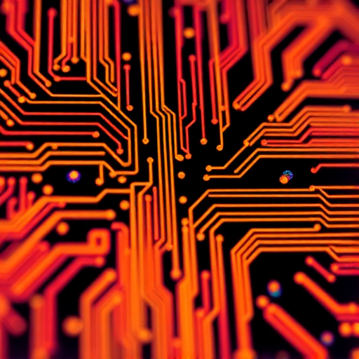 Create an abstract digital circuit pattern with vibrant colors and high contrast, captured with a DSLR camera at f/2.8 aperture, ISO 100, and a shutter speed of 1/60s, using a macro lens to enhance detail and a soft focus effect.