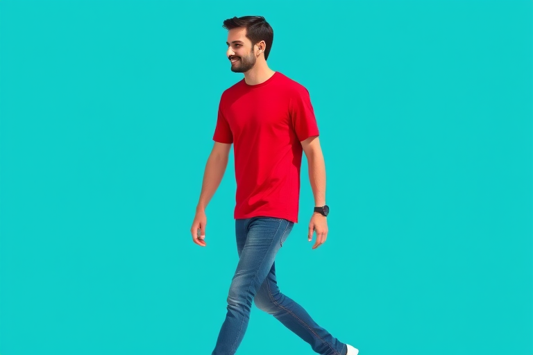 Create a minimalistic digital illustration of a man walking, wearing a red t-shirt and blue jeans, set against a solid turquoise background, captured with a DSLR camera, 50mm lens, f/2.8 aperture, and natural lighting for enhanced color vibrancy.