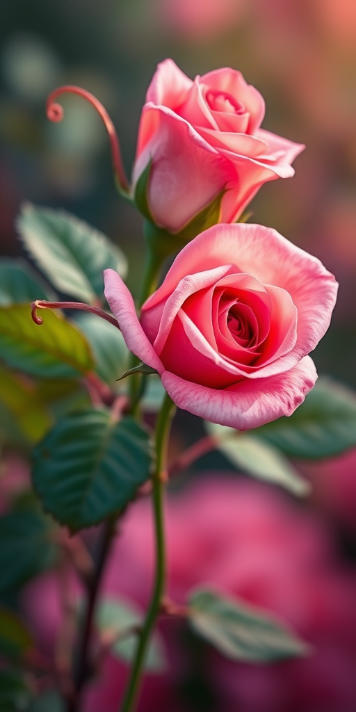 Create a vibrant digital illustration of a pink rose with green leaves and swirling tendrils, using a high-resolution camera at f/2.8 aperture, 50mm lens, and soft focus style to enhance color and detail.