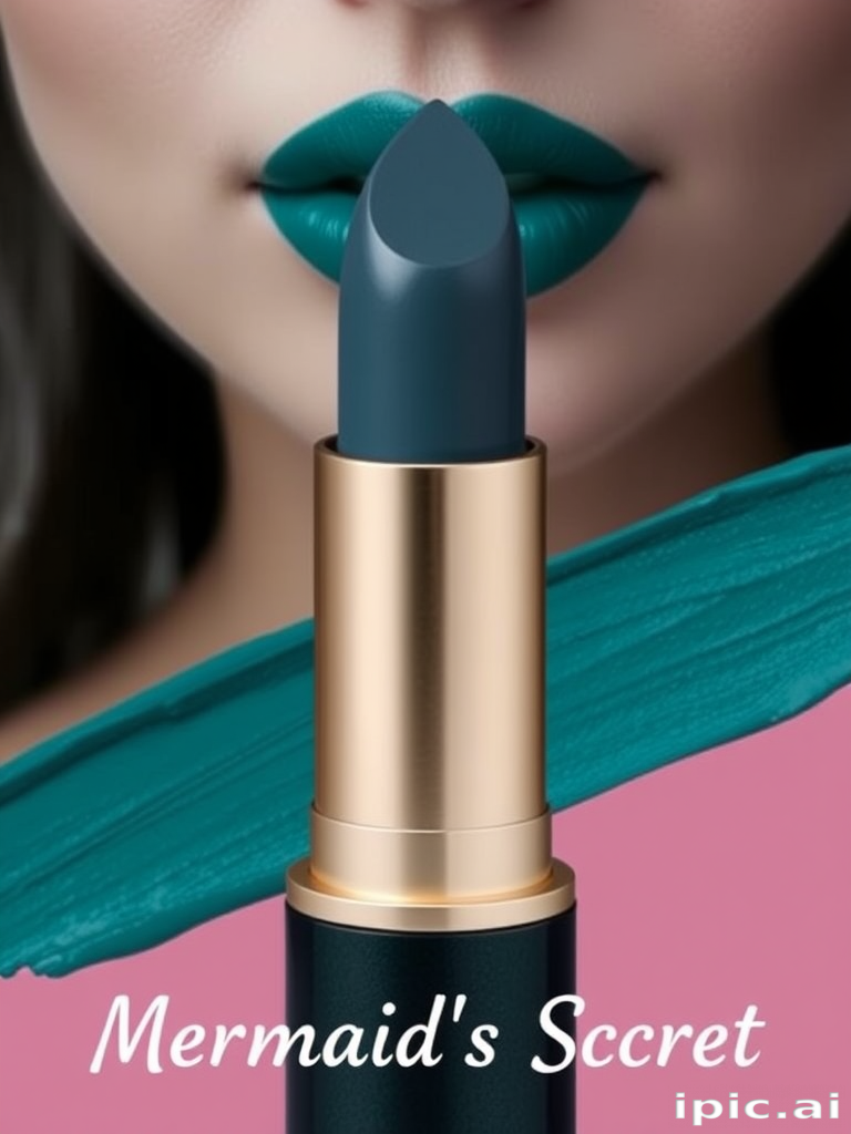Deep teal cream lipstick with a subtle blue shift, titled "Mermaid's Secret," boasting full coverage and a smooth application, suited for creating mystical and enchanting looks