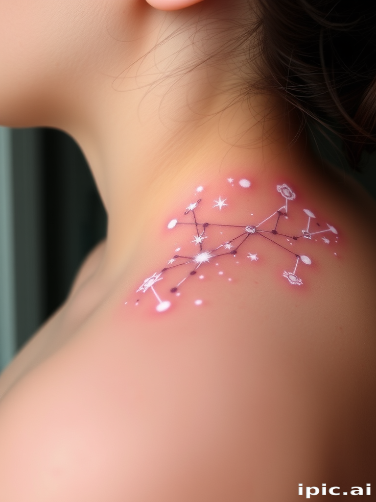 Ethereal white ink constellation tattoo titled "Celestial Whisper" depicting a delicate arrangement of stars and celestial bodies connected by fine, barely visible lines that seem to float just beneath the surface of the skin, creating a subtle and dreamlike effect that appears to glow softly in certain lights, perfect for those seeking a discreet yet enchanting tattoo design