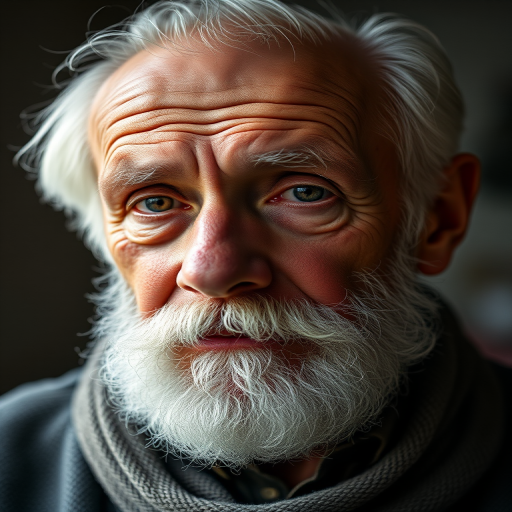 Create a hyper-realistic portrait of an elderly man with a white beard and silver hair, captured in soft natural light using a Canon EOS R5 with a 50mm f/1.2 lens, aperture set to f/1.8, ISO 100, and a shallow depth of field to enhance facial details and textures.