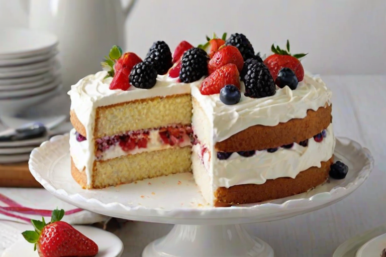 Create an image of a layered cake with fluffy white frosting. The cake should have visible layers of cream and mixed berries, including strawberries, blueberries, and blackberries. The top should be decorated with swirls of whipped cream and fresh fruit. The background should be simple and elegant, highlighting the cake as the main focus.