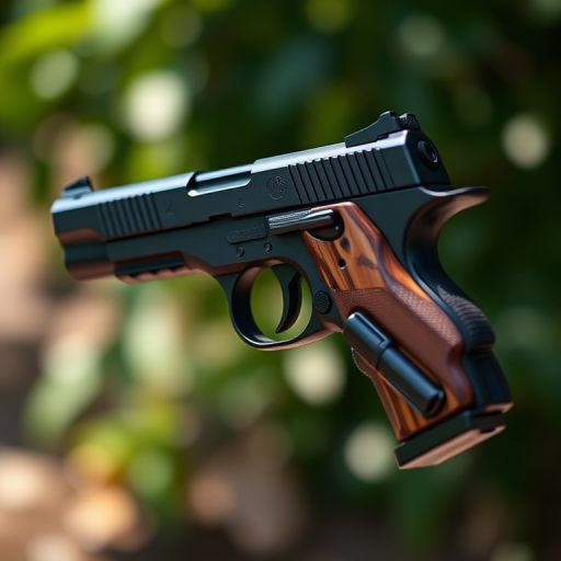 Generate a high-resolution image of a black handgun with wooden grips, using a 50mm lens at f/2.8 for shallow depth of field, shot in natural light from a slightly elevated angle to showcase details, with a focus on the textures and reflections.