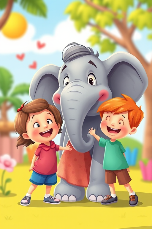 Create a vibrant cartoon illustration of children interacting joyfully with a cartoon elephant, featuring a playful background in bright colors, using a digital art style with high saturation, sharp focus, and a wide-angle lens effect, simulated using a Canon EOS 5D Mark IV at f/8, ISO 100, 1/200s.