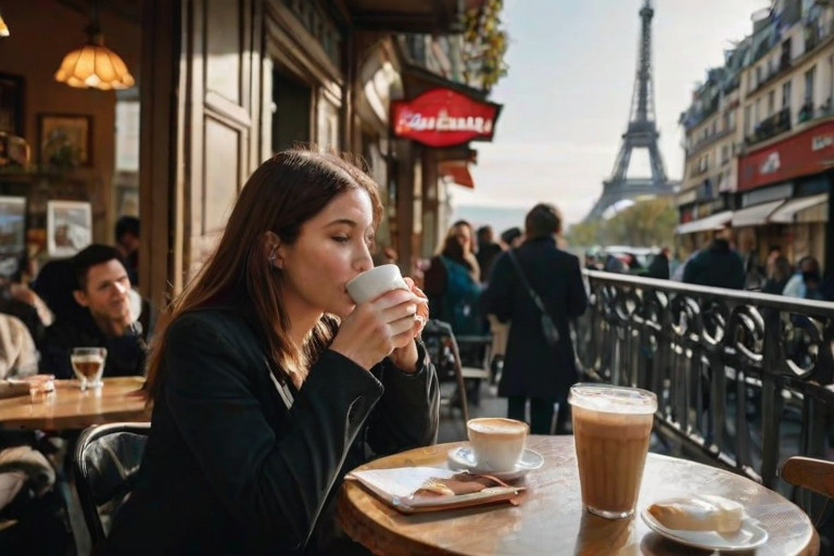 Crowded cafe in Paris, the Eiffel Tower visible in the distance, a woman sipping a cappuccino, watching the world go by from her small, round table.