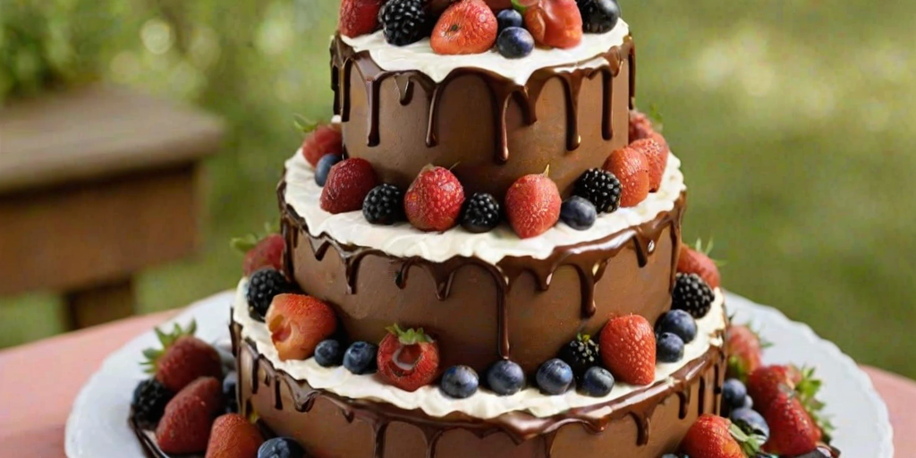Create an image of a three-tiered cake decorated with fresh berries and chocolate ganache. The bottom tier should be the largest, with cascading chocolate dripping down the sides. Each layer should be adorned with a variety of strawberries, raspberries, blueberries, and blackberries, along with green leaves for contrast. The cake should have a smooth white frosting finish.