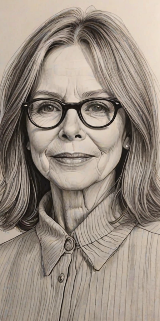 Exquisite Diane Keaton, pencil sketch, portrait of Attractive woman 1947s in glasses, hair style beatnik, outline, clear lines, fine lines, 8k
