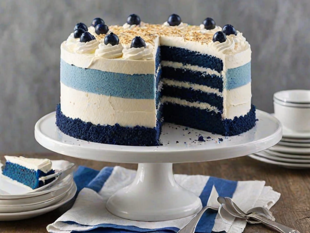 Create an image of a layered cake with dark blue sponge layers and white frosting. The cake should be displayed on a white pedestal plate, with a slice cut out to reveal the blue layers and white filling. Ensure the setting is bright and inviting, highlighting the texture of the cake and frosting.