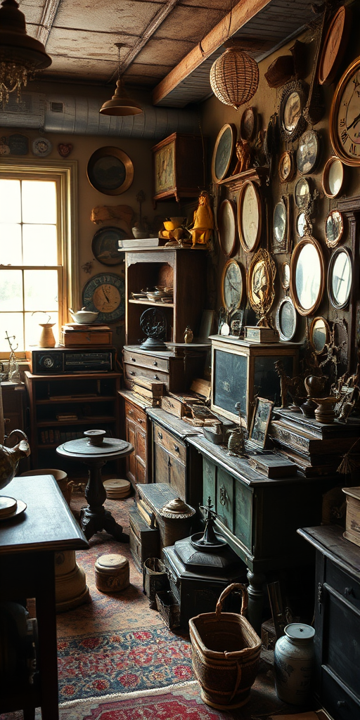 Create a highly detailed image of a cluttered vintage room filled with various antiques and oddities, using a DSLR camera with a 50mm lens, aperture f/1.8 for a shallow depth of field, ISO 200, and a soft natural light source coming from a nearby window to enhance shadows and textures.