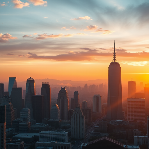 Create a high-quality image of a futuristic city skyline during sunset, using a DSLR camera with a 50mm lens, aperture set to f/8, ISO 200, 1/125 seconds exposure, and a wide-angle view to capture the full expanse of the skyline.