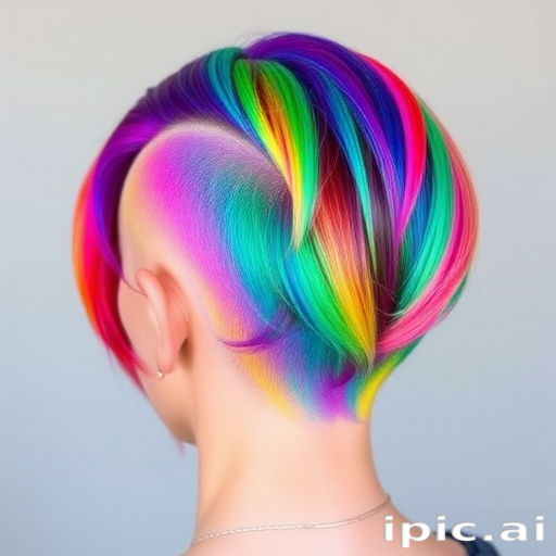Vibrant rainbow mosaic undercut, expertly colored by "Prism Palace" artists, showcasing a closely cropped back and sides with a longer, swept-back top, each section dyed a different hue of the rainbow, creating a stunning, kaleidoscopic effect that's both playful and avant-garde.
