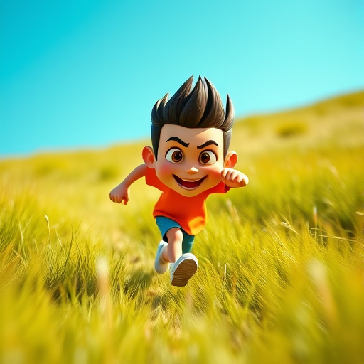 A cartoon character with exaggerated features running energetically through a vibrant, blurred grassy landscape, bright blue sky, shot from a low angle, using a DSLR camera with a 35mm lens, aperture set to f/2.8, ISO 100, and a fast shutter speed to capture motion.