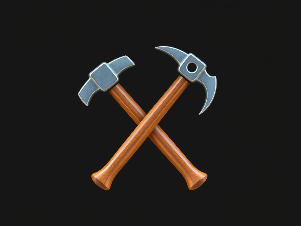 Create a high-resolution image of a crossed hammer and pickaxe icon, with a glossy finish, captured with a 50mm lens at f/2.8, ISO 100, using a full-frame DSLR in natural light for enhanced detail and clarity.