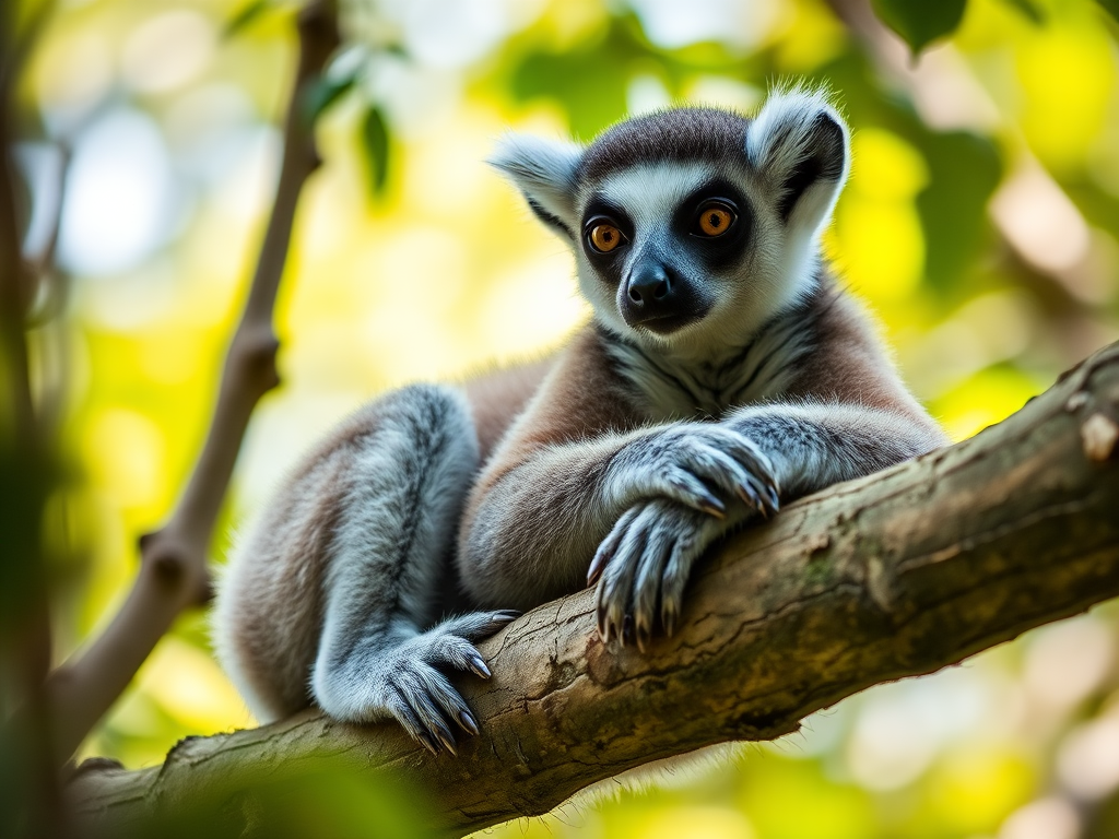 A close-up of a lemur lounging on a tree branch, daylight setting, soft focus background, aperture f/4, ISO 200, 50mm lens, shot at eye level, DSLR camera, natural light photography.