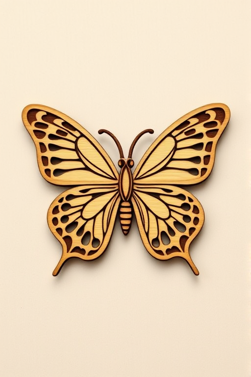 Create a highly detailed wooden butterfly design with intricate patterns, natural wood texture, soft lighting, focus on depth and shadow, using a DSLR camera with a 50mm lens, f/2.8 aperture, ISO 100, shutter speed 1/125 sec, in macro mode on a neutral background.