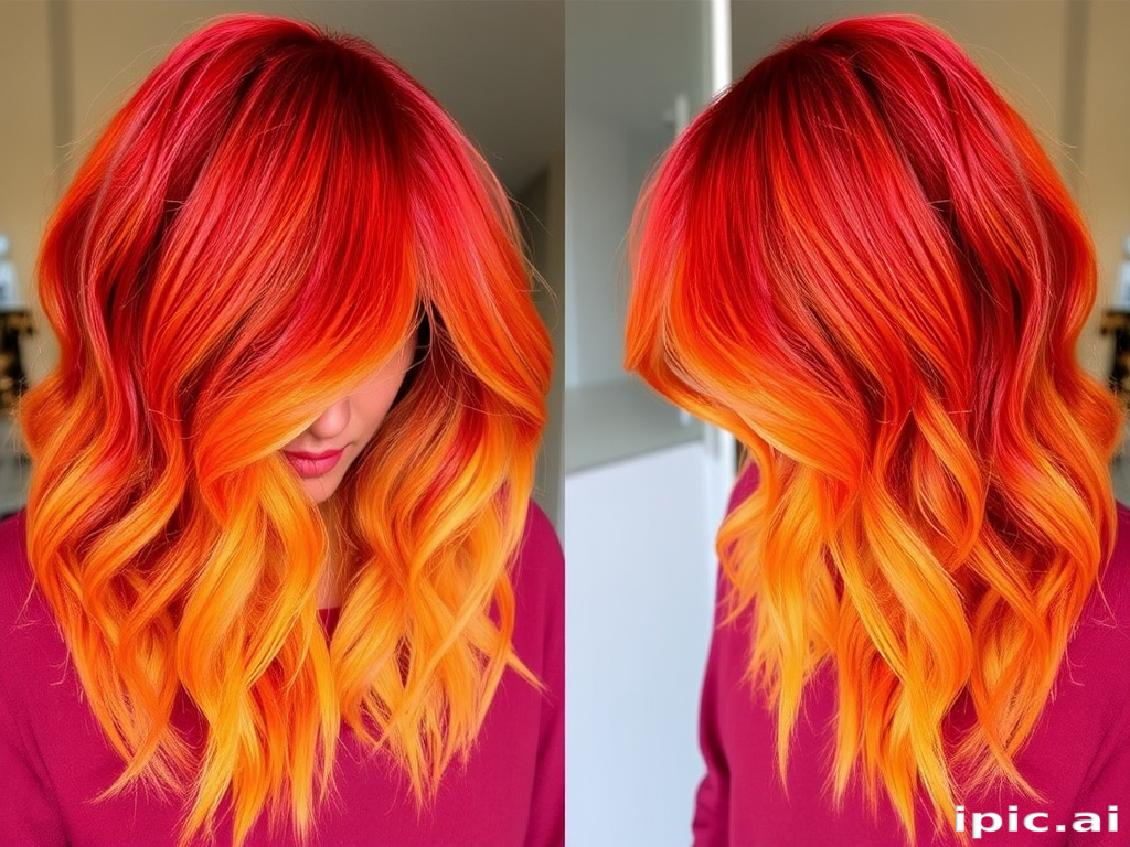 Fierce image showcases Wildfire Ombre shoulder-length hair, transitioning from deep red roots to bright orange mid-lengths and yellow tips, styled in tousled beach waves