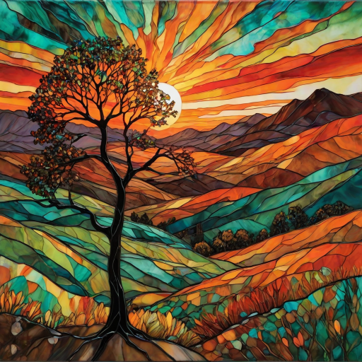 A vibrant abstract painting on Tiffany Glass, blending acrylic and alcohol ink techniques, captures a dramatic sunset over rolling hills. The artwork features a textured, rocky foreground in green and brown, layered abstract hills, and a striking sunset in rich oranges, yellows, and reds. A solitary black tree with intricate branches contrasts against the fiery sky, creating a dynamic and expressive portrayal of a breathtaking natural scene.