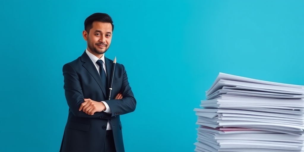 A businessman in a suit standing with a large pen next to a stack of papers, bright blue background, shot with a Canon EOS R5, 50mm lens, f/1.8, ISO 100, natural lighting, soft focus for a professional look.