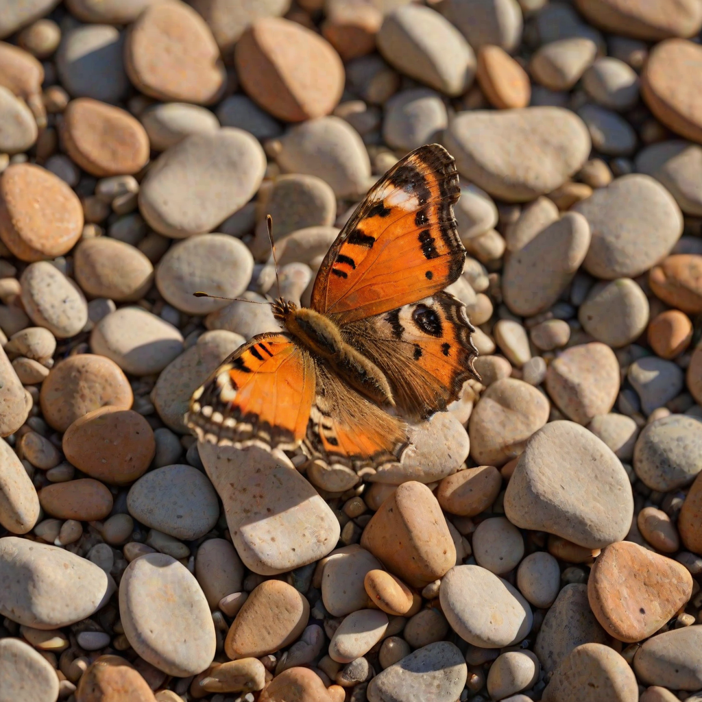 A vibrant orange and yellow butterfly with black markings is perched on a bed of small, brown pebbles in the warm, golden light of a setting sun. The butterfly is facing the viewer with its wings slightly raised, creating a sense of delicate movement. The background is a soft, blurred green and yellow, creating a gentle, natural atmosphere. The image is captured in a close-up perspective, focusing on the butterfly's intricate details and the warm glow of the sunlight.