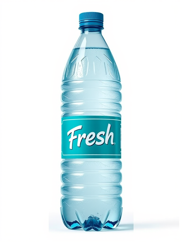 Create a hyper-realistic illustration of a water bottle, featuring a turquoise label with the word "Fresh," using an aperture of f/2.8, ISO 100, shutter speed of 1/125s, shot in a studio setup with soft lighting and a white backdrop, utilizing a DSLR camera.