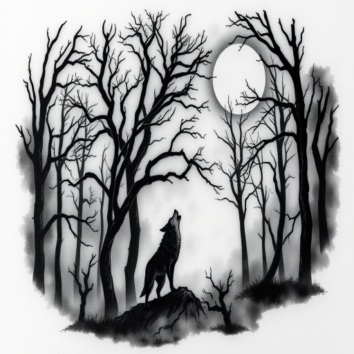 Realistic grayscale tattoo titled "Haunted Forest" depicting a misty woodland scene with gnarled trees silhouettes and a lone wolf howling at the moon in stunning detail