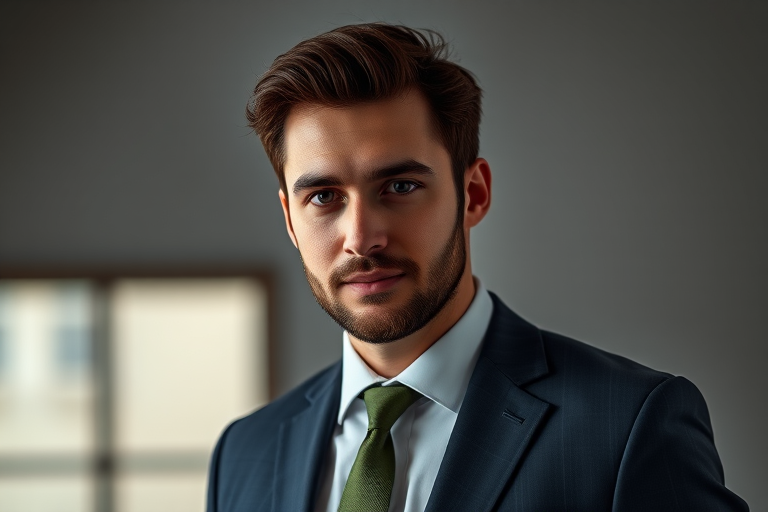 portrait of a handsome man in a suit, soft lighting, high resolution, 85mm lens, f/1.8 aperture, 1/200 sec shutter speed, shallow depth of field, professional studio lighting, Canon DSLR