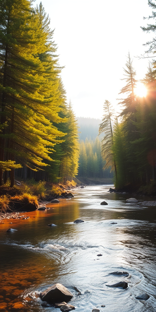 Create an image of a serene, sunlit forest scene with a clear, gently flowing river. Tall trees with lush green foliage line both sides of the river, their leaves bathed in the warm golden light of the setting or rising sun. The sunlight filters through the trees, casting soft, dappled light on the river, which flows over smooth rocks and pebbles, creating a peaceful, natural atmosphere. The sky is bright with a few scattered clouds, and the overall mood is tranquil, evoking a deep sense of connection with nature. The image captures the beauty of a calm, pristine forest landscape at either dawn or dusk.