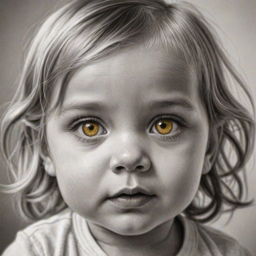 A hyperdetailed photorealistic black and white sketch of a beautiful toddler with deep Yellow eyes, with a macro focus