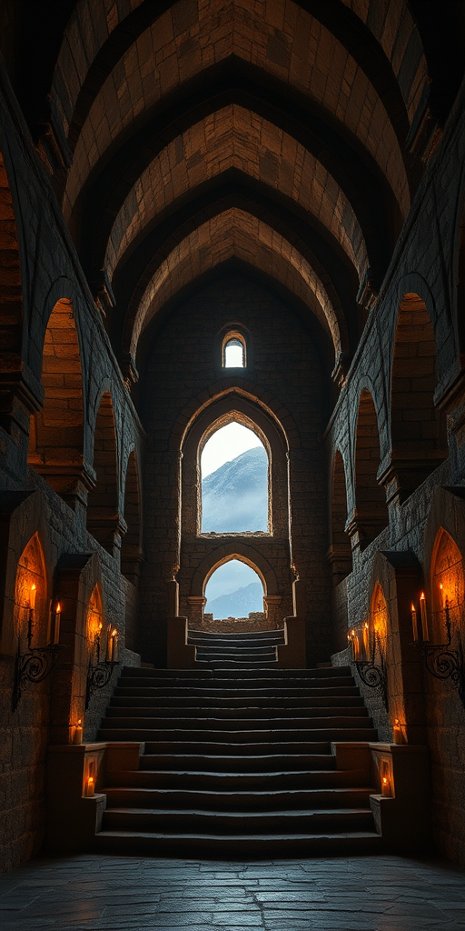 create a highly detailed image of a medieval stone castle interior with large stone arches, dimly lit by flickering candles, a grand staircase leading to an open archway with a view of misty mountains in the background, using a DSLR camera with a 24mm lens, aperture f/4, ISO 100, shutter speed 1/60s, shot from a low angle to enhance depth and perspective.