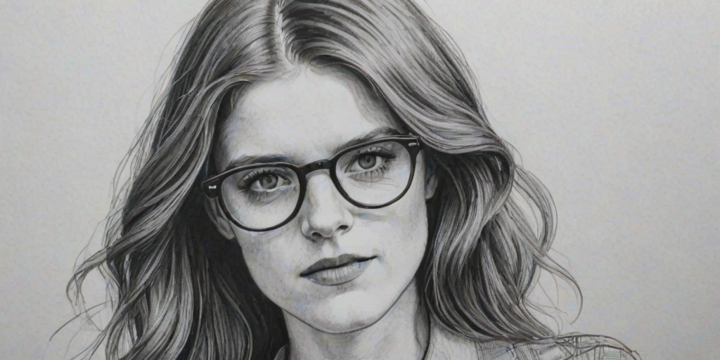 Sublime Rose Leslie, pencil sketch, portrait of Enticing woman 1924s in glasses, hair style beatnik, outline, clear lines, fine lines, 8k